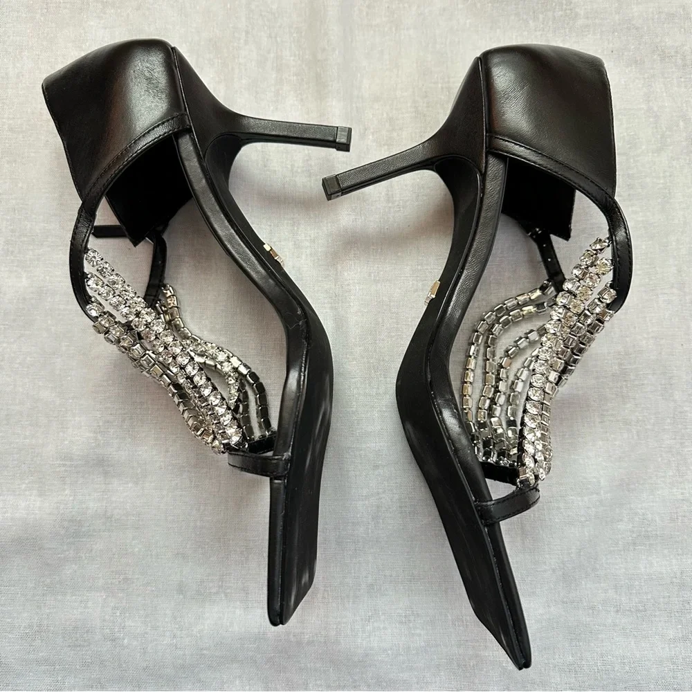 New Zara $129 Rhinestone Square Toe Black Sandals 1343/610 Size 10 RARE - Picture 5 of 16